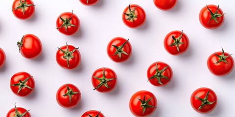 Aerial view of vibrant red tomatoes evenly arranged on a soft white background ideal for fresh vegetable menu design and healthy eating concepts