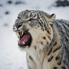 A snow leopard yawning, showing sharp teeth, white backdrop.