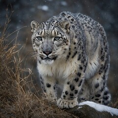 Obraz premium A snow leopard stalking silently, its intense gaze focused.