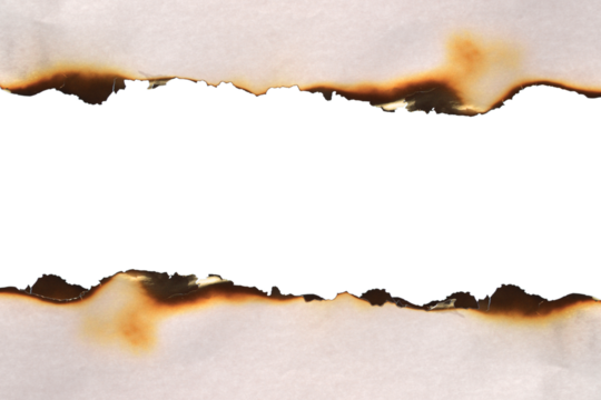 Realistic Burnt paper edge isolated on transparent white background. Burning edge paper texture. Ideal text, copy space, Design elements. PNG