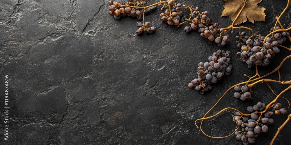 Poster curled tendrils of dried grapes in earthy tones arranged on a black stone surface with ample negativ