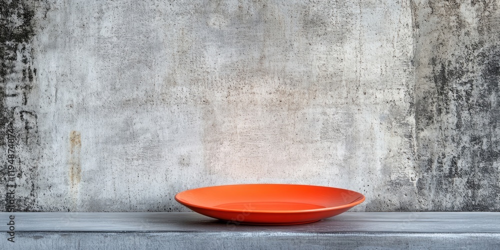 Poster orange plate on a gray cement background with ample empty space around it for design purposes, empha