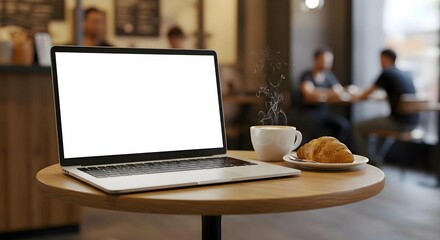 Fototapeta premium Open Laptop and Coffee Mockup on Table in Modern Cafe For Advertising Business Networking 8