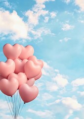 Pink heart-shaped balloons floating in a blue sky.