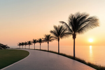 A row of palm trees are lined up along a path that leads to the ocean