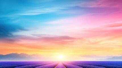 Fototapeta premium Serene sunset over a lavender field with vibrant colors.
