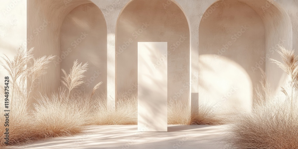 Aufkleber serene modern setting with a white rectangular stand surrounded by dry grass and soft arches in eart