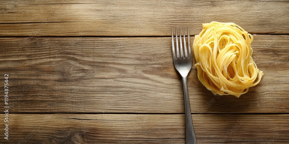 Poster aerial view of golden pasta nest beside a silver fork on a rustic wooden table with ample negative s