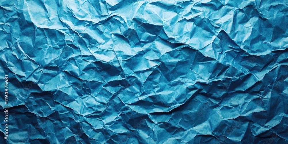 Poster crumpled paper texture in vibrant shades of blue creates an oceanic background with varied depth and