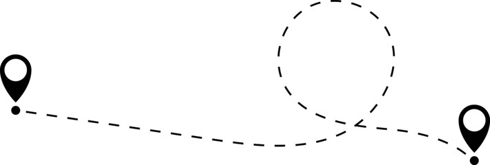 Route icon - two points with dotted path and location pin. Route location icon two pin sign and dotted line. Travel vector icon. Travel from start point and dotted line tracing.