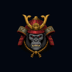 A fierce gorilla dons a traditional Japanese samurai helmet and armor, creating a powerful and intimidating image.
