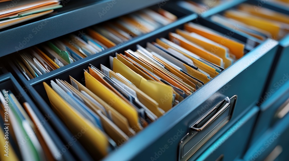 Poster organized filing cabinet with colorful folders and documents ready for online database documentation