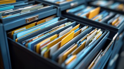 Detailed view of organized file folders in a storage cabinet showcasing a range of documentation, including online and database materials for easy access