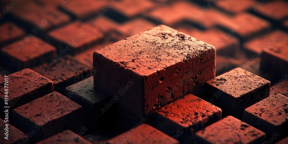 Poster red textured brick in focus surrounded by blurred dark bricks, creating an abstract product backgrou