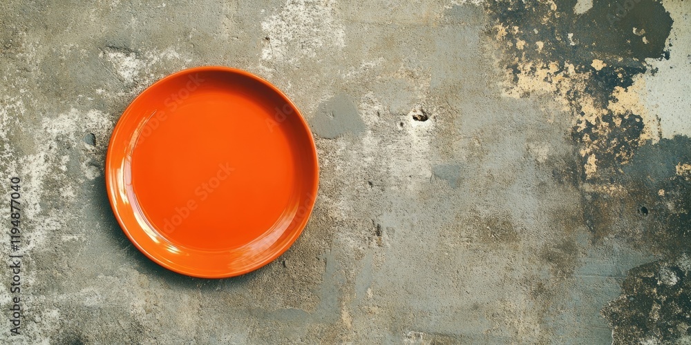 Poster orange plate positioned on the left against a textured gray cement backdrop with ample negative spac