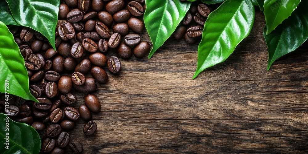 Poster top view of dark roasted coffee beans with rich green leaves on rustic wooden table creating ample s