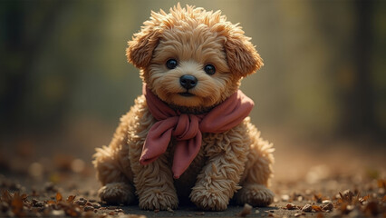 Playful puppy wearing a pink scarf sitting on a leaf-covered path during autumn
