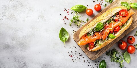 Aerial view of a fresh sandwich with salted salmon tomatoes basil and sprouts on a rustic chopping board against a light grey background