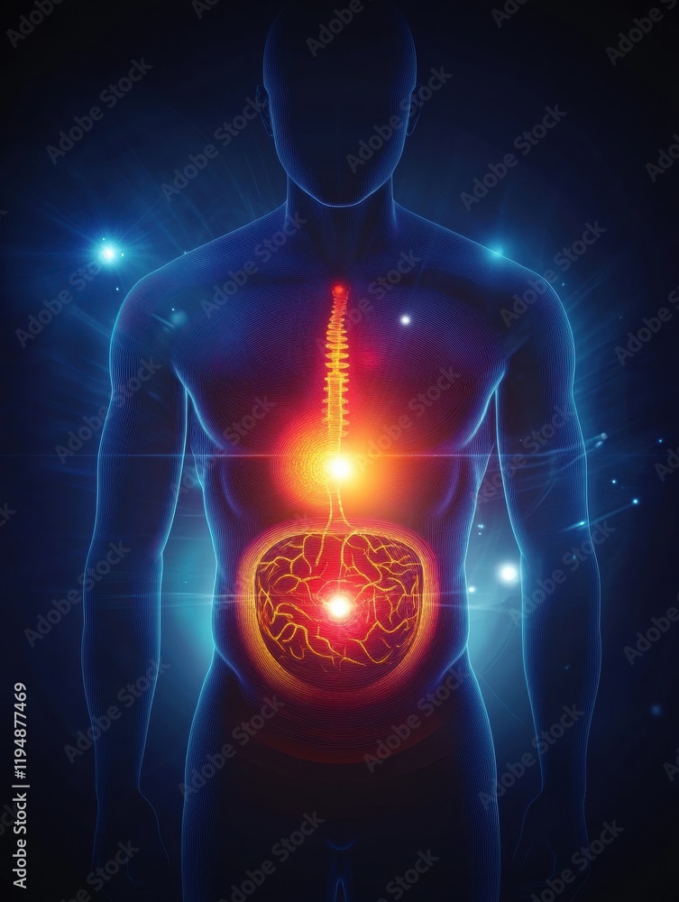 Poster glowing human torso with intense red focal point in the stomach area illuminating the dark surroundi