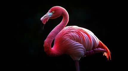 Naklejka premium Elegant Pink Flamingo Bird on Black Background avian fauna animal 