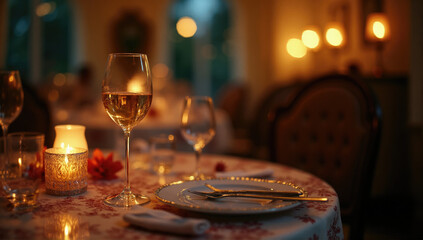 Elegant dining setting with candlelight and warm ambiance in a cozy restaurant during the evening