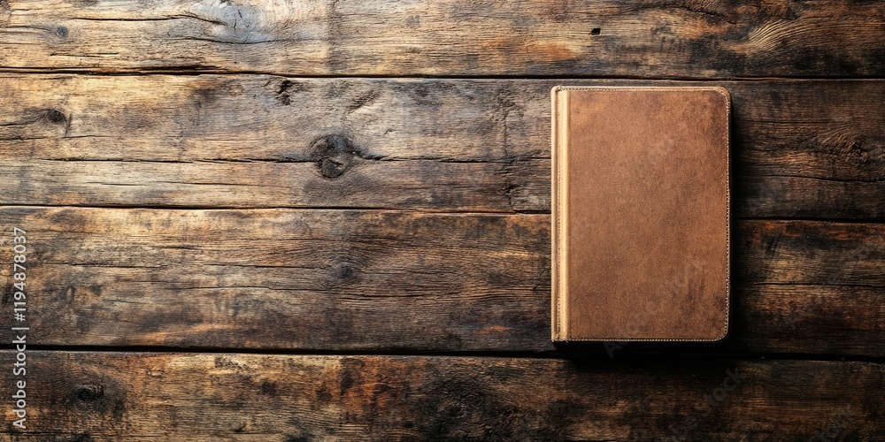 Poster aerial view of a rustic dark brown wooden table with a brown notebook positioned on the right side c