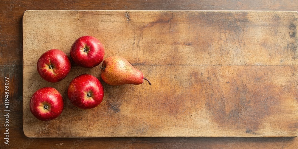 Poster red apples and a small pear arranged on a wooden cutting board with rich brown tones creating ample 