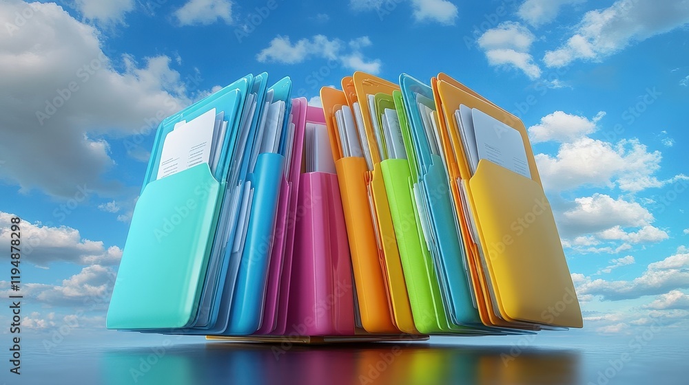 Poster colorful file folders organized on a desk under a blue sky with clouds for online documentation and 