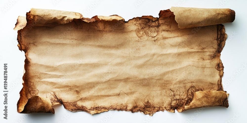 Poster aged parchment paper with curled edges on a clean white background displaying detailed wrinkles and 