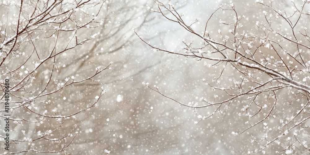 Poster snowy tree branches with delicate flakes falling in a soft blurred forest backdrop with muted tones 