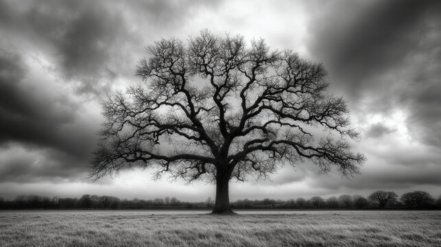 Black and White: A lone tree in a vast, empty field, under a stormy sky