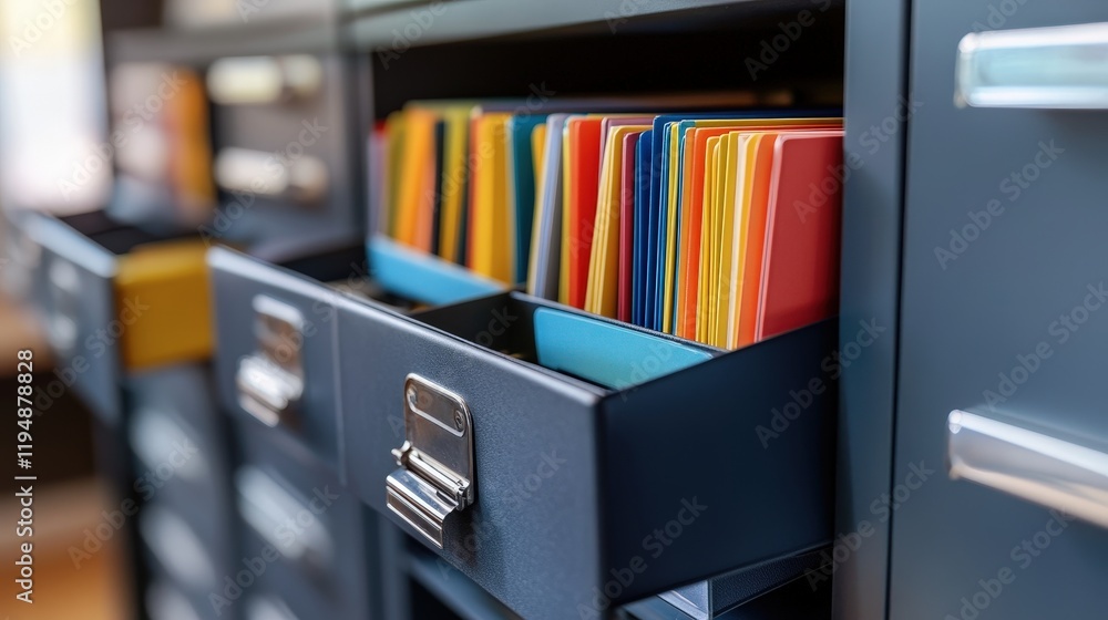 Poster colorful organizational files stored in a modern filing cabinet, showcasing vibrant folders and effi