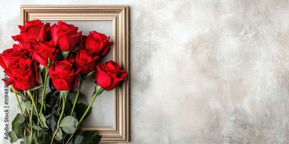 Poster vibrant red roses arranged next to a light beige photo frame against a soft textured background with