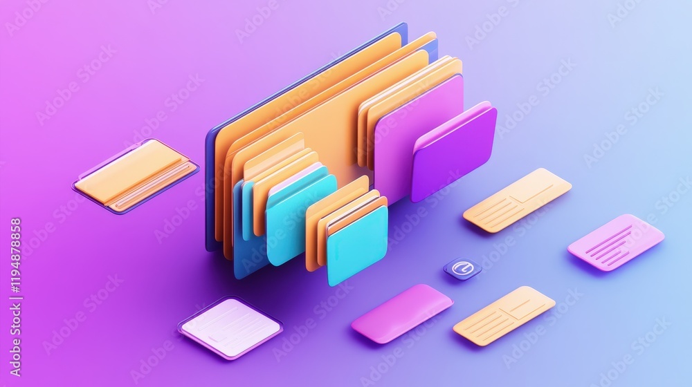 Poster modern digital file organization concept with colorful folders and documents representing online doc