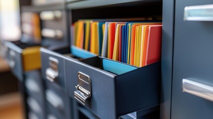 Colorful organizational files stored in a modern filing cabinet, showcasing vibrant folders and efficient office organization for documentation and data management