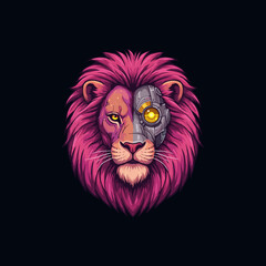 A stylized illustration of a lions head with one robotic eye and a vibrant pink mane set against a dark background.
