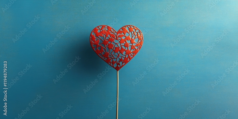 Poster aerial view of a red decorative heart on a stick against a soft blue backdrop showcasing intricate c
