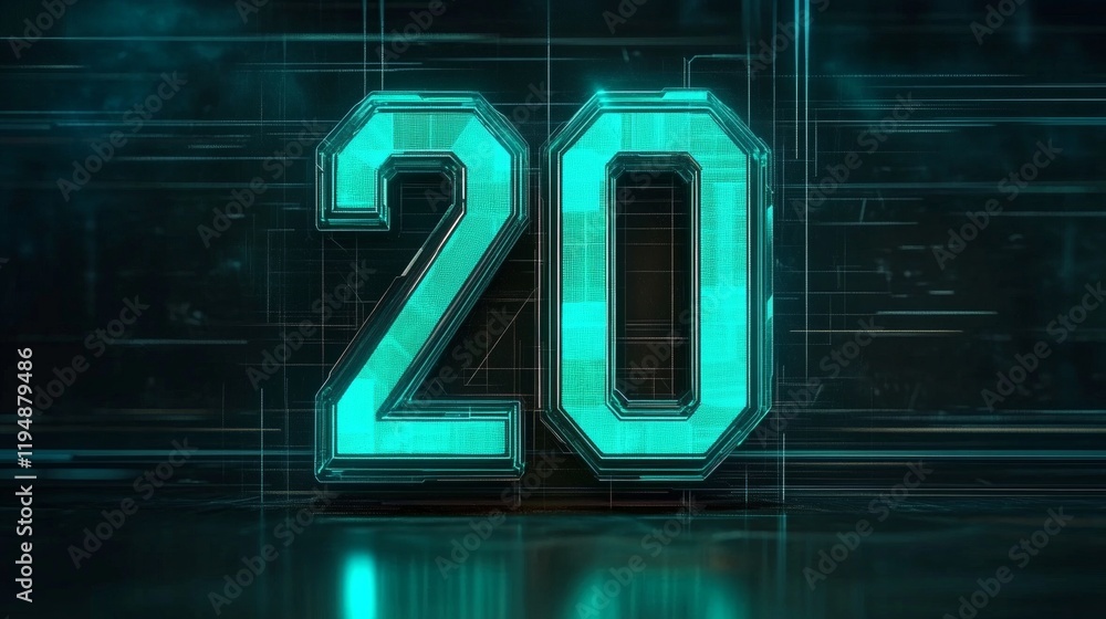 Poster glowing digital number 20 on abstract background. futuristic number twenty in digital style.