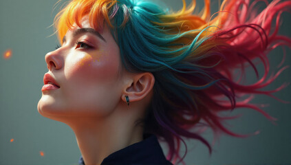 Fototapeta premium Vibrant woman with colorful hair in motion showcasing artistic expression in an urban setting