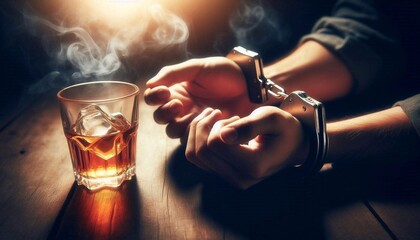 Hand cuffed to a glass of alcohol, the problem of alcohol addiction and alcoholism