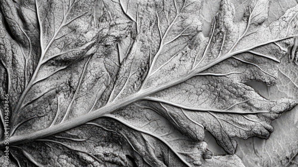 Poster close up of intricate leaf veins and patterns in grayscale with detailed texture