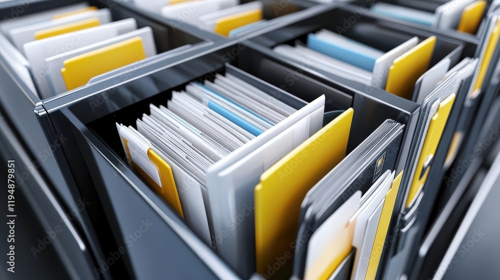 Poster organized file storage system with colorful folders and documents in modern office setting for effic