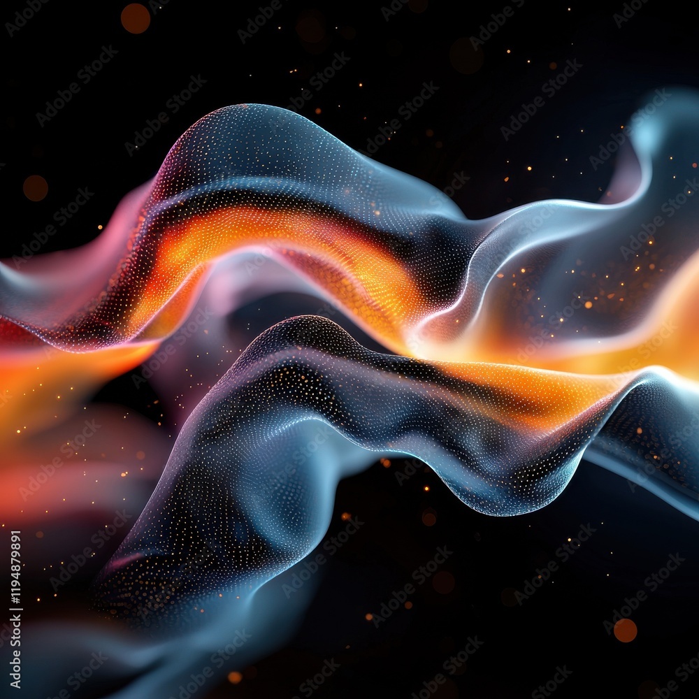 Poster dynamic trails of glowing particles twisting through a dark abstract environment artistic visualizat