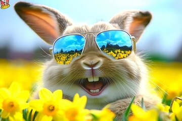Happy Easter Bunny Wearing Sunglasses and Enjoying Springtime in a Field of Yellow Daffodils.