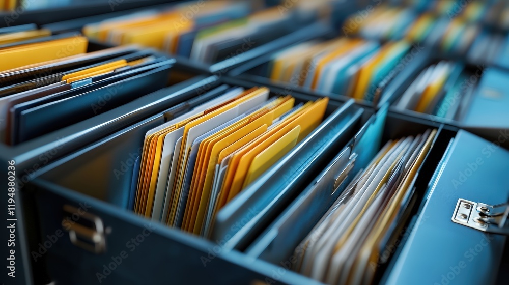 Poster organized filing system featuring colorful document folders in a storage drawer for easy access to i