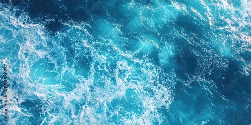 Poster aerial view of the mediterranean sea with dynamic waves in deep blue and turquoise hues creating an 