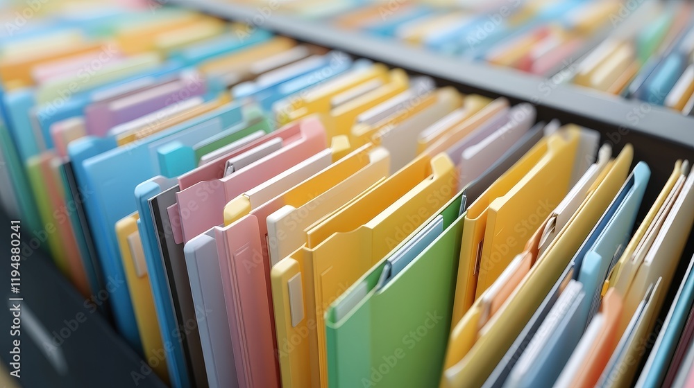 Poster colorful file folders organized neatly in a storage box showcasing the concept of document managemen