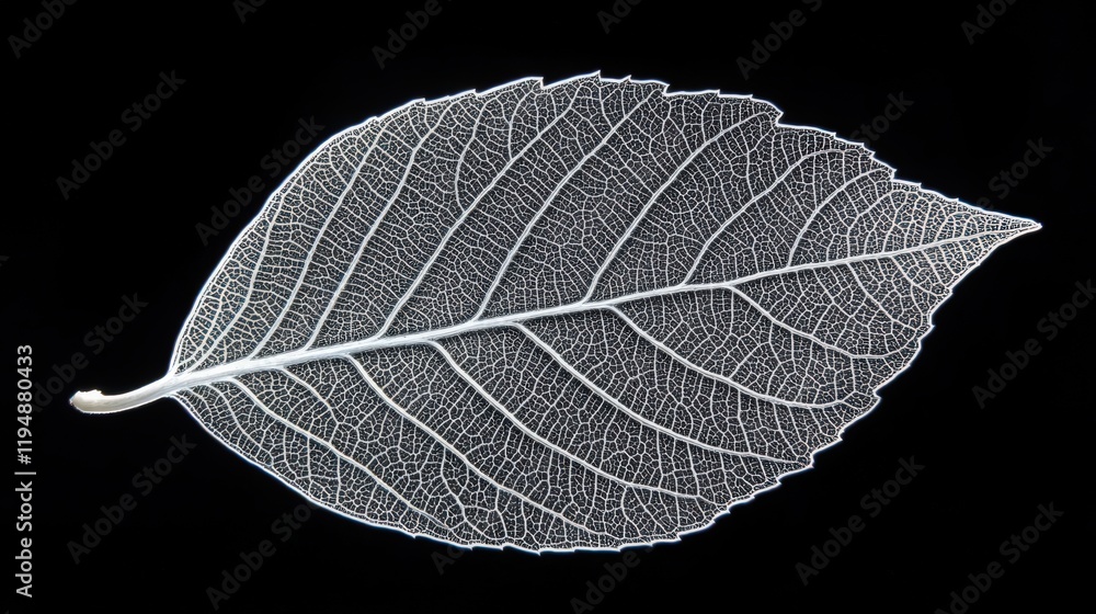 Poster detailed leaf skeleton with intricate veins isolated on a stark black background showing texture