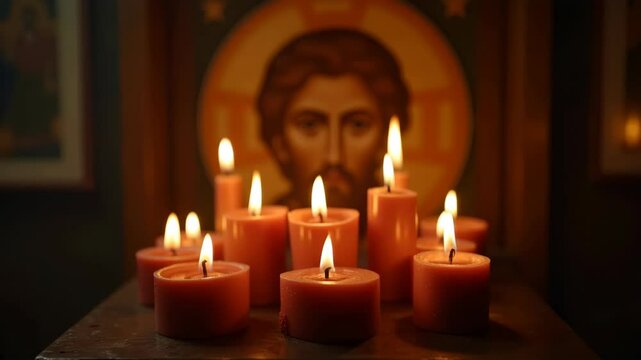 Close-up of burning church candles on background of an icon in a church. Religious theme.