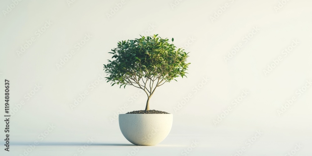 Poster green bonsai tree in a minimalist white pot centered against a soft white background with subtle sha
